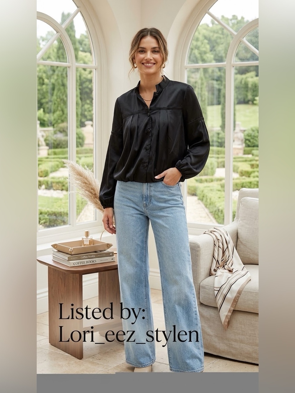 Apostrophe Black Satin Button-Front Blouse